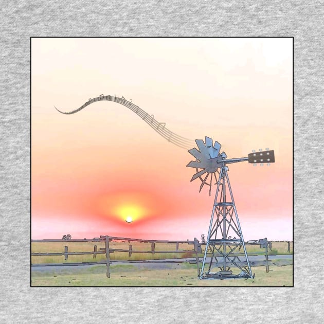 Farm Scene at Sunset with Windmill Playing Guitar by numpdog